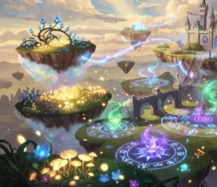 Magiczna arena z unoszącymi się wyspami i świetlistymi runami