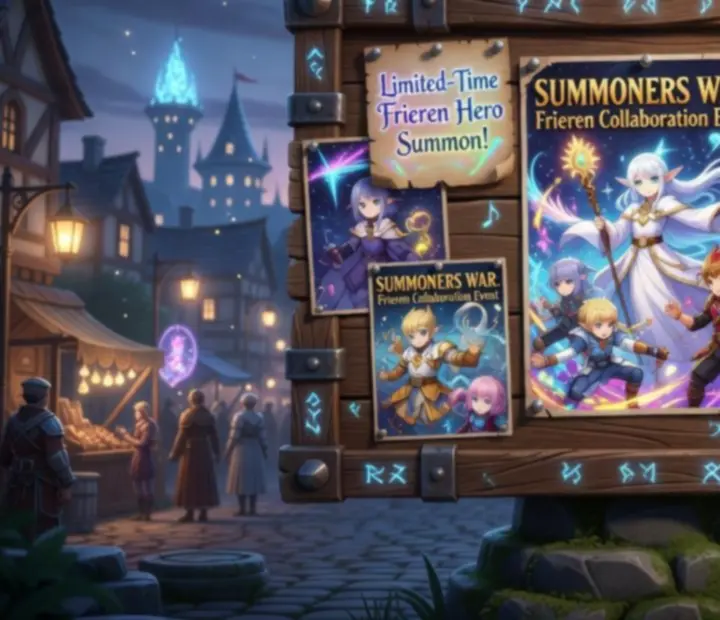 Magiczna scenografia wydarzeń Summoners War z portalami, trofeami i świecącymi runami