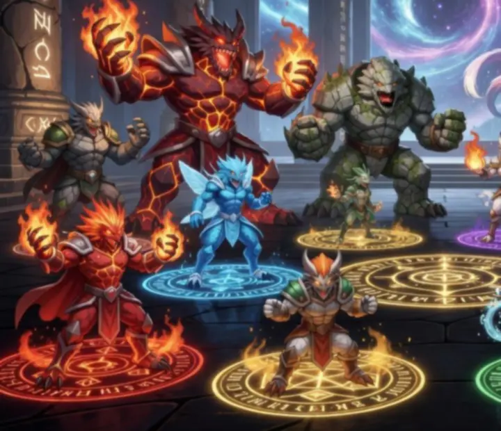 Zestaw potworów Summoners War gotowych do walki w drużynie