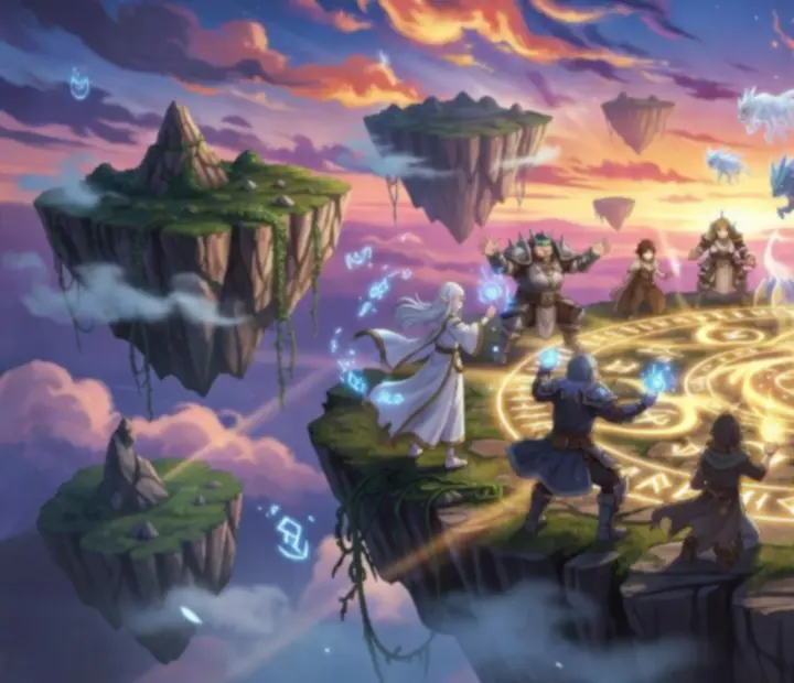 Magiczna, anime-inspirowana scena Summoners War z magami, potworami i świecącymi runami