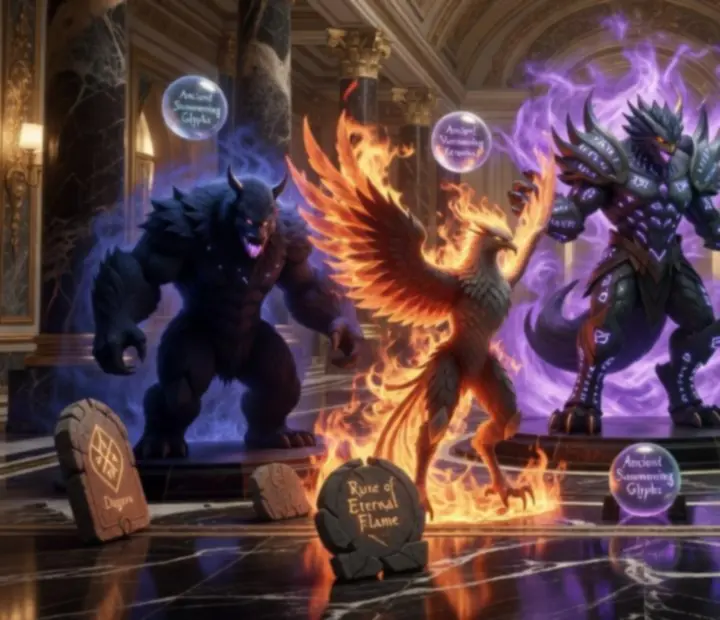 Galeria potworów Summoners War z podświetlonymi runami i kolorowymi efektami